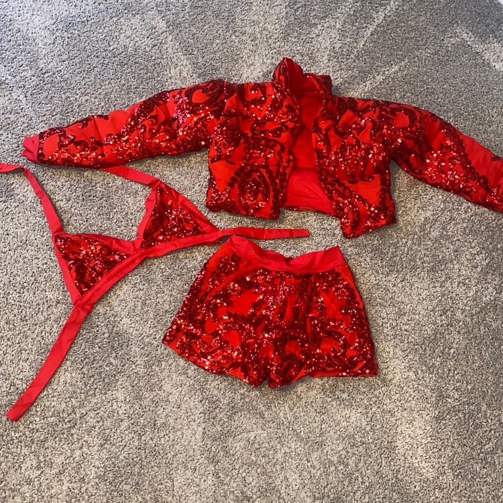Custom 3 piece red sequin bomber jacket & shorts with top set. Size small